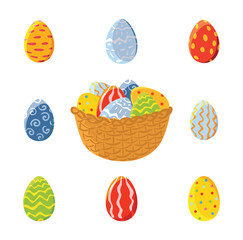 Basket and set of easter eggs, vector