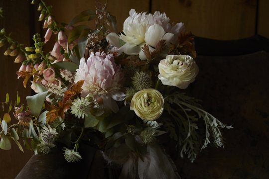 Fresh bouquet with foxgloves and peonies