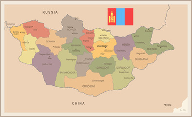 Mongolia - vintage map and flag - Detailed Vector Illustration