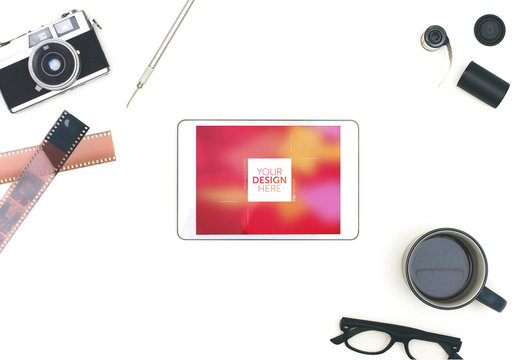 Top View Tablet Mockup with Film Photography Elements 1