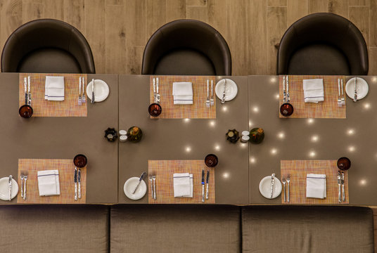 Long Restaurant Table For Six People In Overhead View. 