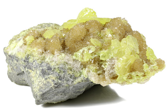 native sulphur on barite from Tarnobrzeg/ Poland isolated on white background