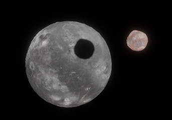 Artwork of Orcus dwarf planet and your moon Vanth in the Kuiper belt © ordus