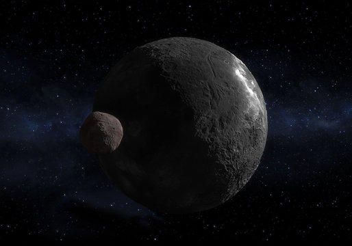 Artwork of Orcus dwarf planet and your moon Vanth in the Kuiper belt