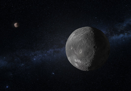 Artwork of Orcus dwarf planet and your moon Vanth in the Kuiper belt