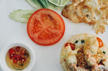 Top view of delicious fried rice with crab set, Thai fried rice with crab meat, Food decoration concept