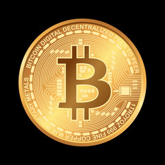 Bitcoin. Digital currency. Cryptocurrency. Golden coin with bitcoin symbol isolated on black background.