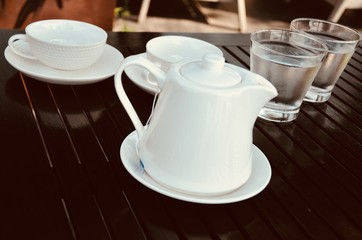 set of  cup of coffee  on table in cafe ,Morning light