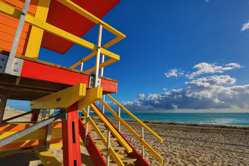 The lifeguard stations on Miami Beach, Florida are are indicative of the vibrant, art deco style of south beach.