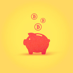 Piggy bank, bitcoin icon. Crypto currency saved, money security concept for web design, banner, mobile app. Eps 10. Payment Cryptocurrency logo, Minimalist color flat style, sign isolated on yellow.