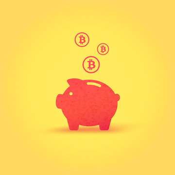 Piggy bank, bitcoin icon. Crypto currency saved, money security concept for web design, banner, mobile app. Eps 10. Payment Cryptocurrency logo, Minimalist color flat style, sign isolated on yellow.