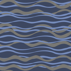 Vector seamless pattern with blue lines and waves on dark Endless background. Can be used both in vertical and horizontal way.