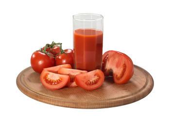 Juice and segments of tomato on a white background