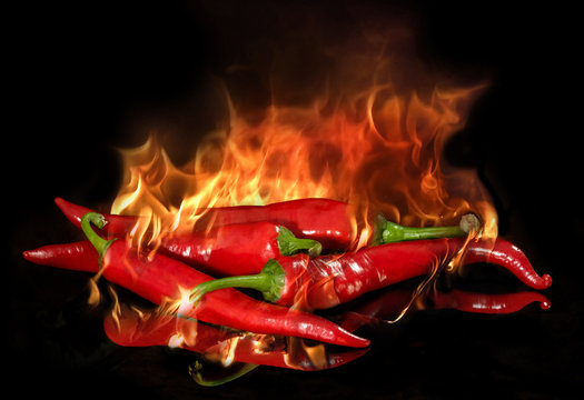 Red Chili Pepper On Fire On A Black Background