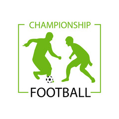 Two silhouettes of players on a field with ball. Soccer logo concept. Footall graphic sign vector