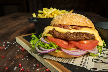 Burger on a wooden board