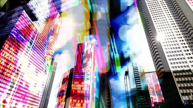 tokyo city timelapse with neon display information and billboards mapped onto each building face