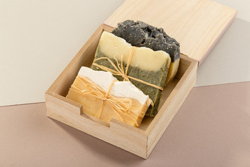 Set of handmade organic soap in wooden box