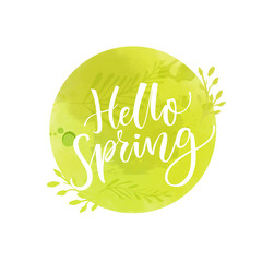 Hello spring sign. Green round badge with calligraphy text.