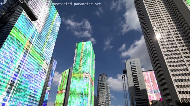 tokyo city timelapse with neon display information and billboards mapped onto each building face