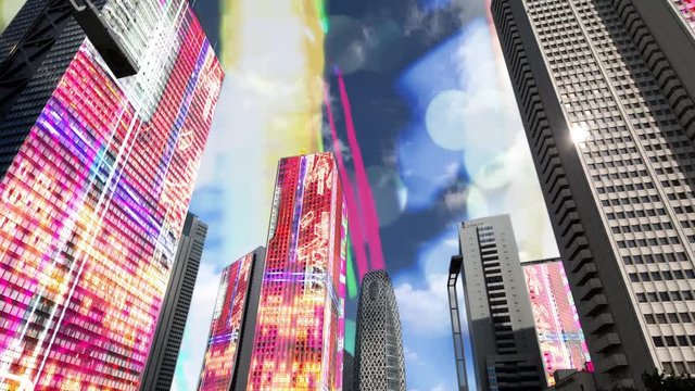 tokyo city timelapse with neon display information and billboards mapped onto each building face