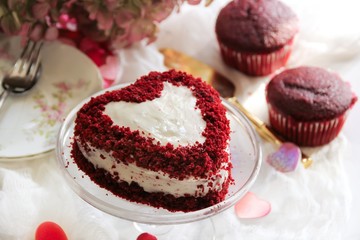 Homemade Heart shaped Red Velvet cake / Valentines day food, selective focus