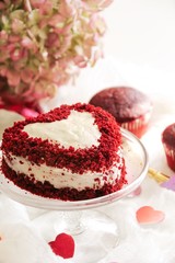 Homemade Heart shaped Red Velvet cake / Valentines day food, selective focus
