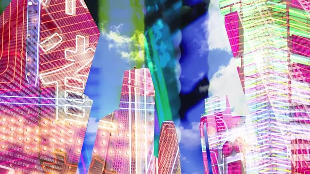tokyo city timelapse with neon display information and billboards mapped onto each building face