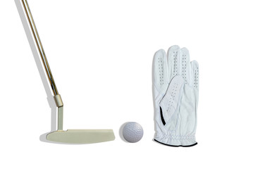 Golf accessories, glove,ball and putter isolated on white background