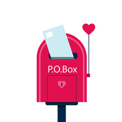Post box. Valentines day poster. Flat design . Vector illustration. 