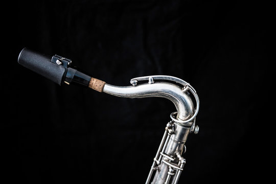 Close up of a silver saxophone