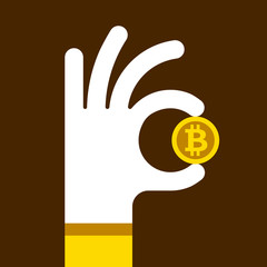 Hand holds a gold coin bitcoin. The symbol is Ok; BTC flat icon