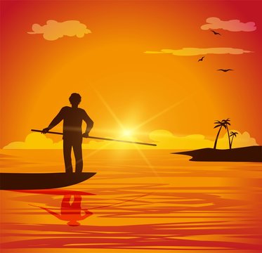 vector illustration of man on small boat at sunset
