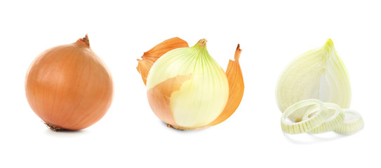 Collage with fresh onion on white background