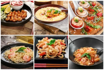 Cercles muraux Plats de repas Collage with recipes for different shrimp dishes