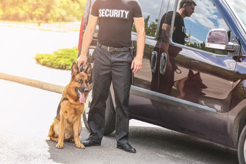 Security guard with dog near car, outdoors