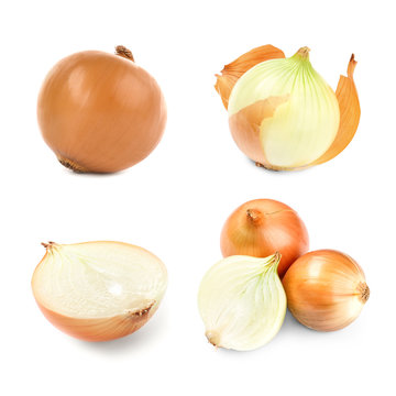 Collage with fresh onion on white background
