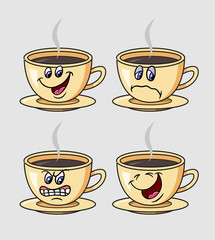 A cup of coffee cartoon character emoticon icon expression, good use for symbol, logo, web icon, mascot, sticker, game element, or any design you want.