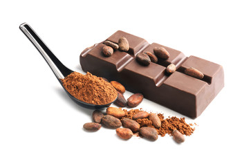 Composition with chocolate and cocoa products on white background