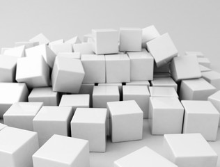 Stacked and collapsed white cubes. 3d illustration