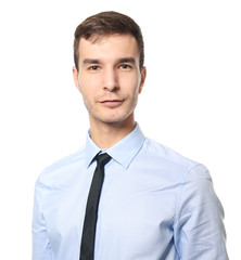 Handsome car salesman on white background