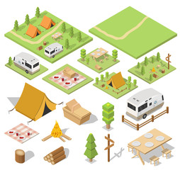 Isometric camping and hiking illustration picnic vector 