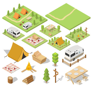 Isometric Camping And Hiking Illustration Picnic Vector 