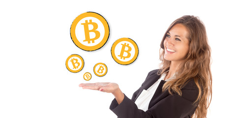 Successful businesswoman investing in Bitcoin; original illustration, financial theme