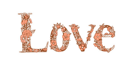 Love hand lettering and doodles elements in flowers on white background. Vector line art illustration Hand drawn design for you.