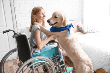 Girl in wheelchair with service dog indoors