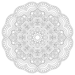 Mandala coloring book page design. Flower circular anti stress black and white vintage decorative element for adults. Monochrome oriental ethnic pattern. Hand drawn isolated vector illustration.