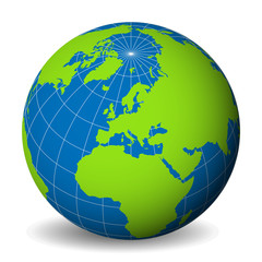 Earth globe with green world map and blue seas and oceans focused od Europe. With thin white meridians and parallels. 3D vector illustration.