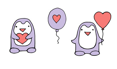Love greeting card with cute penguin holding heart. Funny poster or card for birthday, save the day, wedding, Valentine's day, anniversary or just for sharing the feelings.