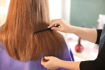 Fototapeta premium Professional hairdresser working with client in salon